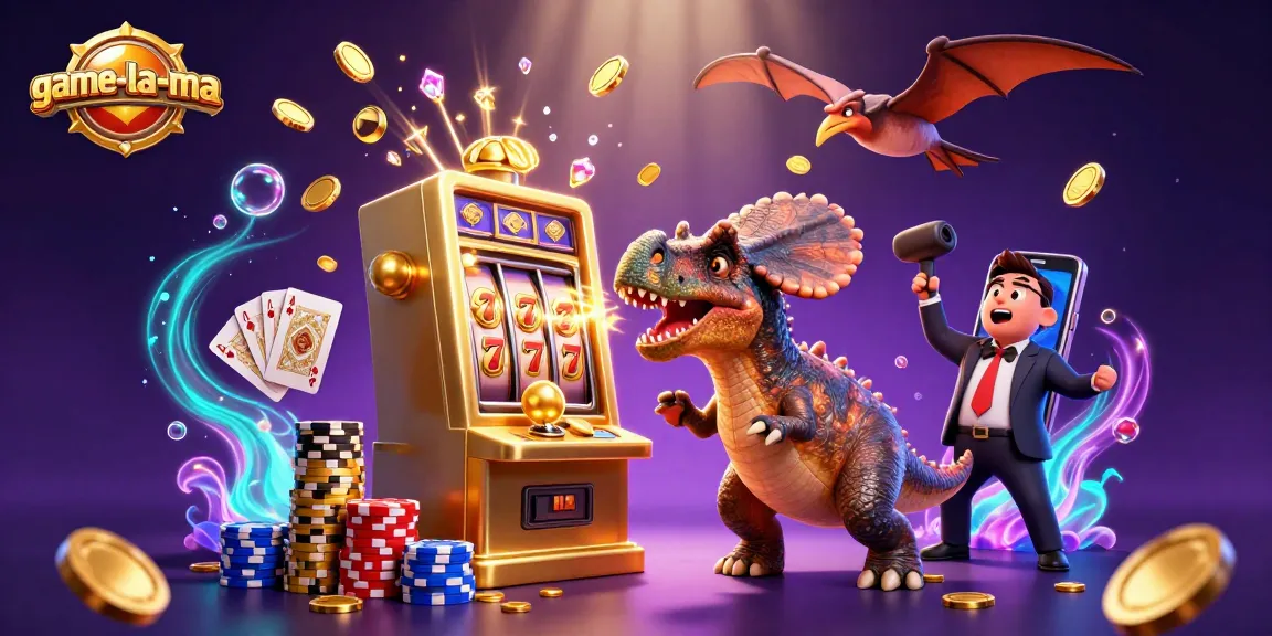 Game-la-ma evokes excitement as dinosaurs interact with a vibrant golden jackpot scene filled with flying coins.