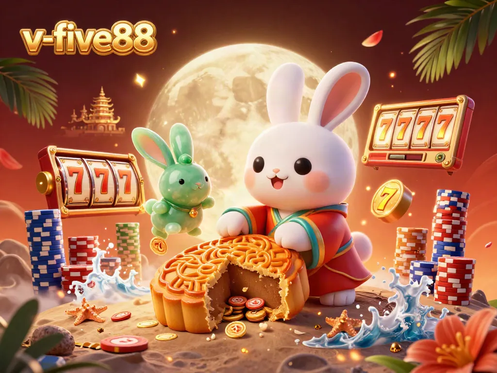 Experience the thrill of v-five88 with a vibrant 3D illustration featuring dynamic casino elements.