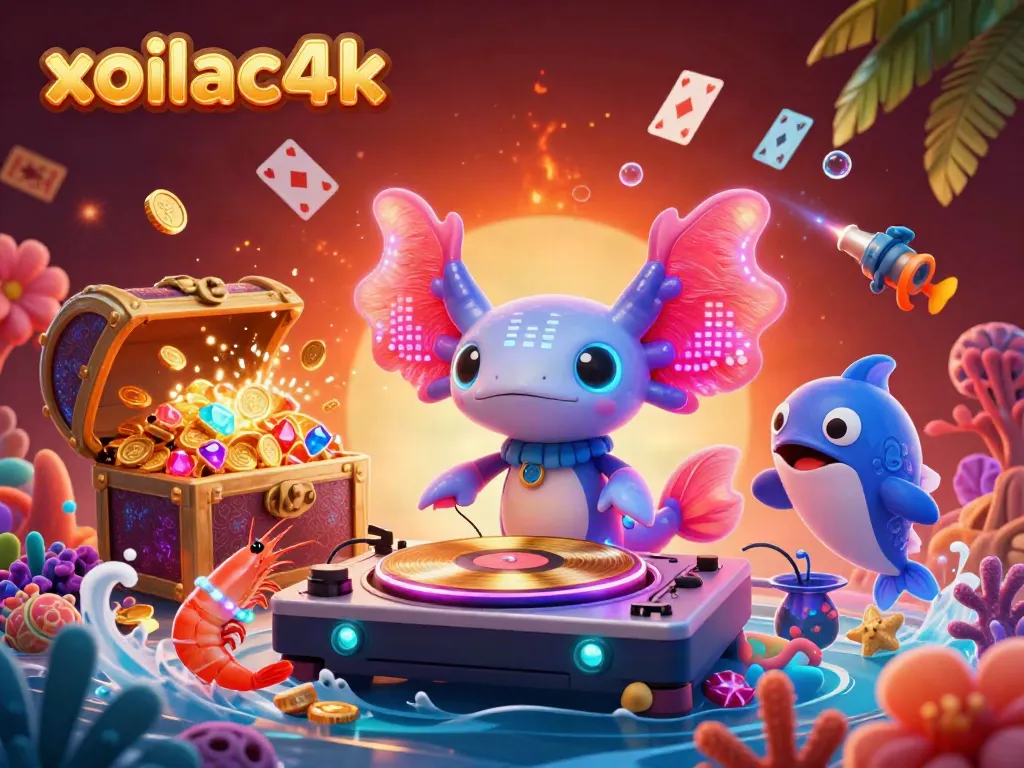 Join the vibrant underwater casino scene at xoilac4k, featuring a DJ axolotl and energetic sea creatures.