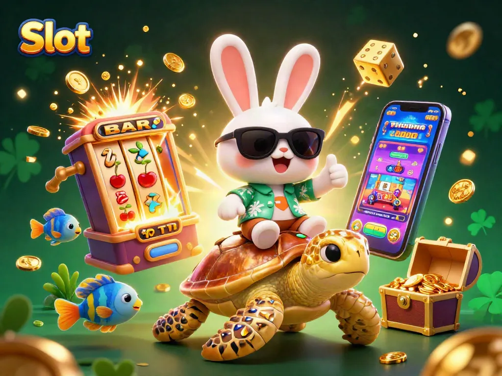 Spin the Slot machine jackpot with the lucky rabbit and golden turtle in a vibrant casino scene