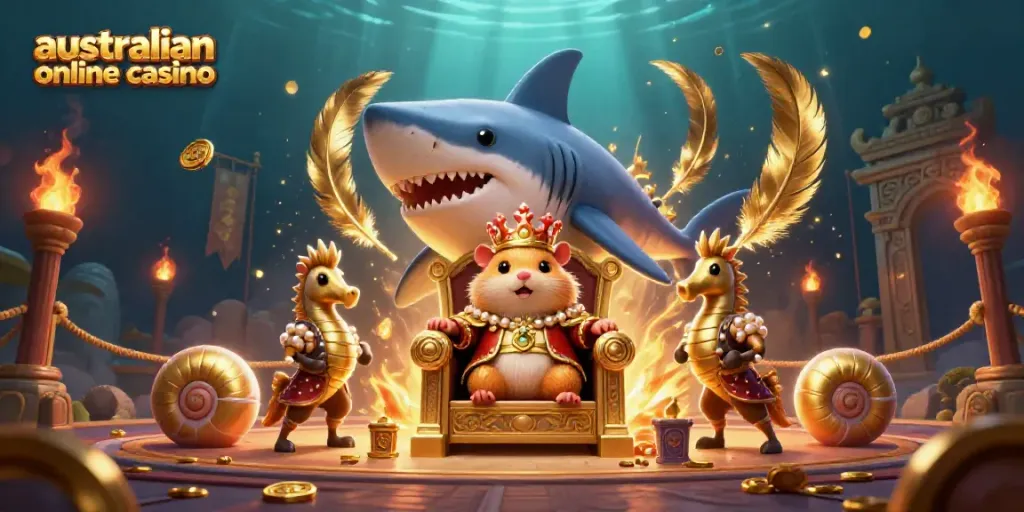 Witness the fierce golden hamster king reigning in an Australian online casino, amid vibrant casino elements.