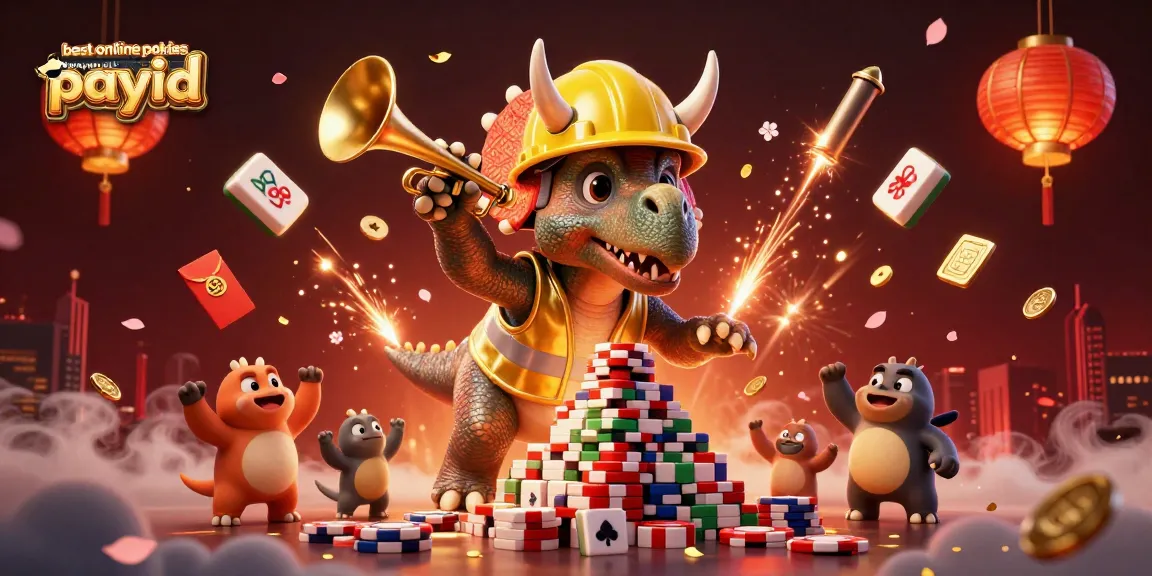 Experience the excitement of best online pokies Australia PayID with a lively casino scene featuring a triceratops and festive elements.