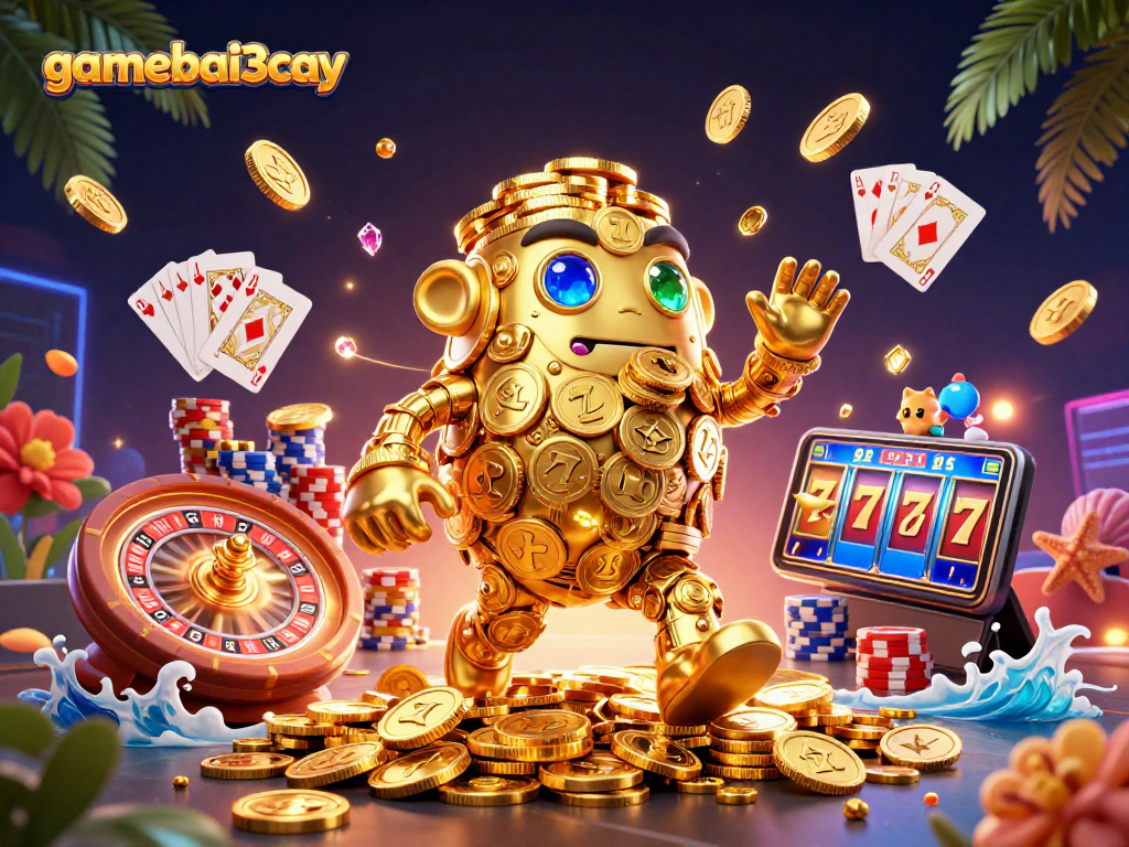 gamebai3cay showcases an ancient golden golem surrounded by casino elements, enticing players