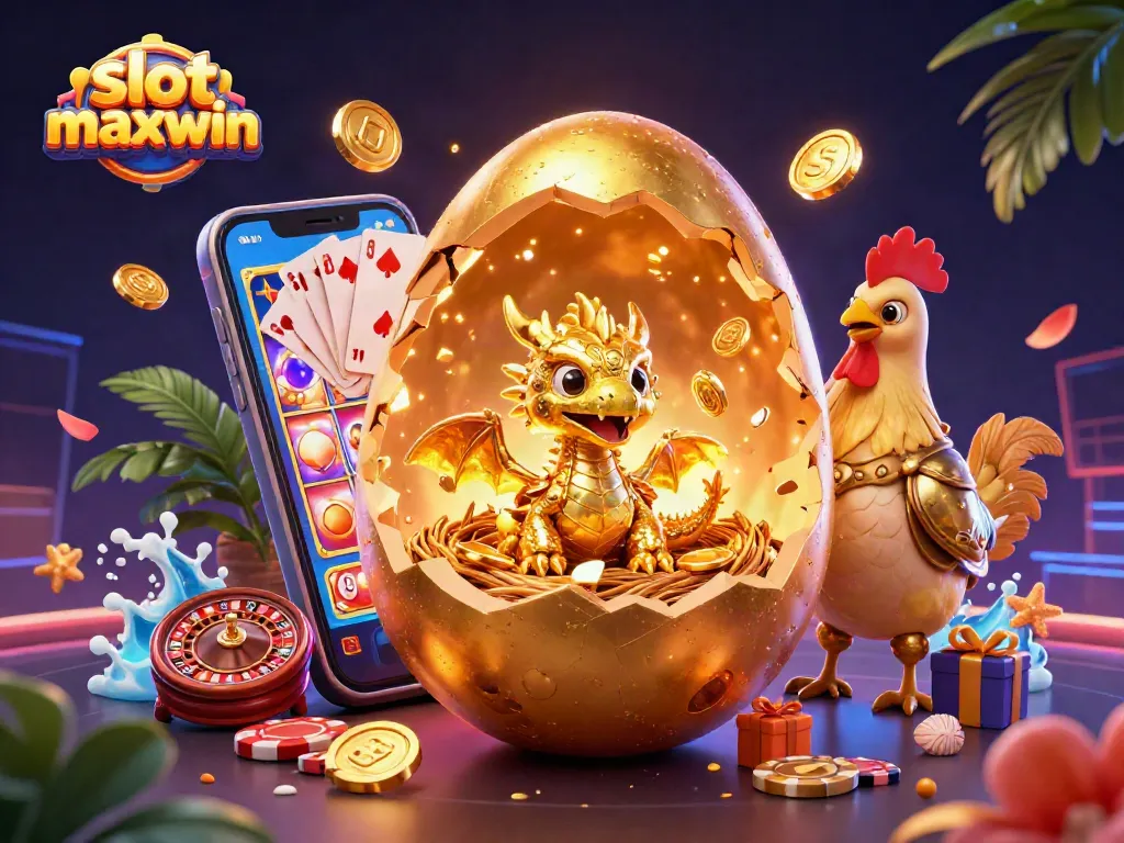 Spin the slot maxwin as a baby dragon shines over poker chips in an energetic casino scene.