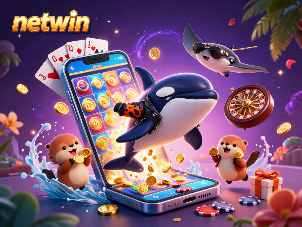 Experience netwin with animated characters enjoying a vibrant underwater casino scene filled with golden coins and games.