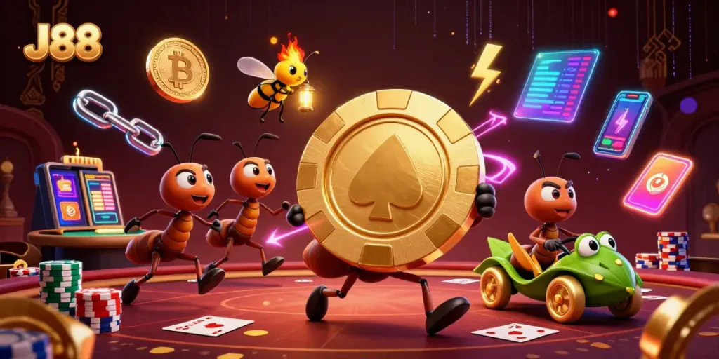 Experience J88 thrills with a heist scene featuring cartoon ants, poker elements, and crypto coins.