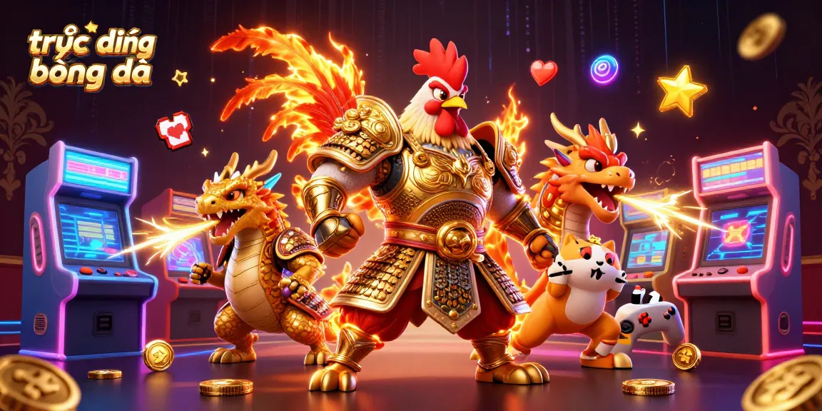 Engage in thrilling trực tiếp bóng đá action with dynamic rooster warriors and a fierce dragon in a 3D gaming scene.