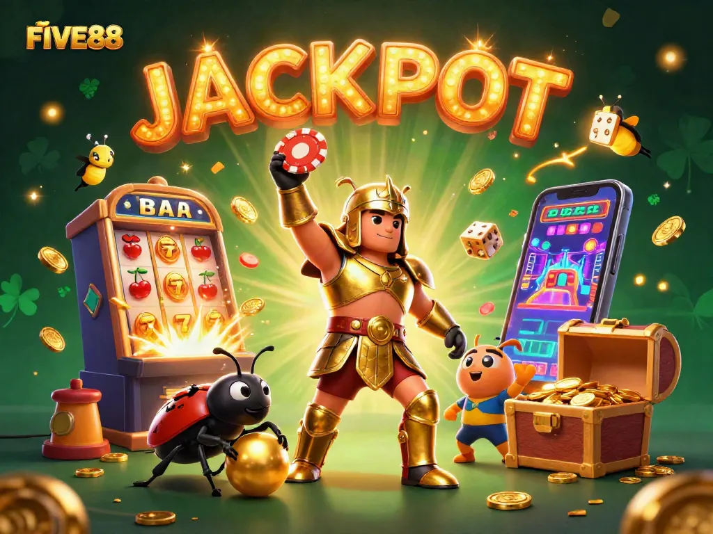 Engage with the thrilling FIVE88 experience as the hercules beetle celebrates a jackpot win surrounded by vibrant casino elements.