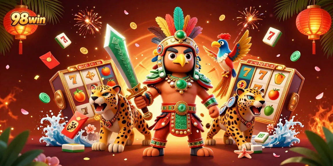 Spin the reels with excitement at 98win, featuring vibrant characters and casino elements.