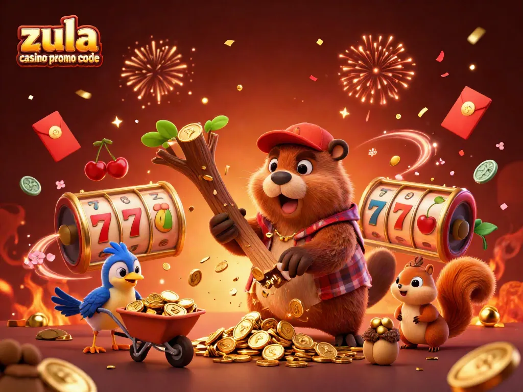 Zula casino promo code reveals a lively scene with a beaver chopping a tree raining gold coins, surrounded by slot elements.