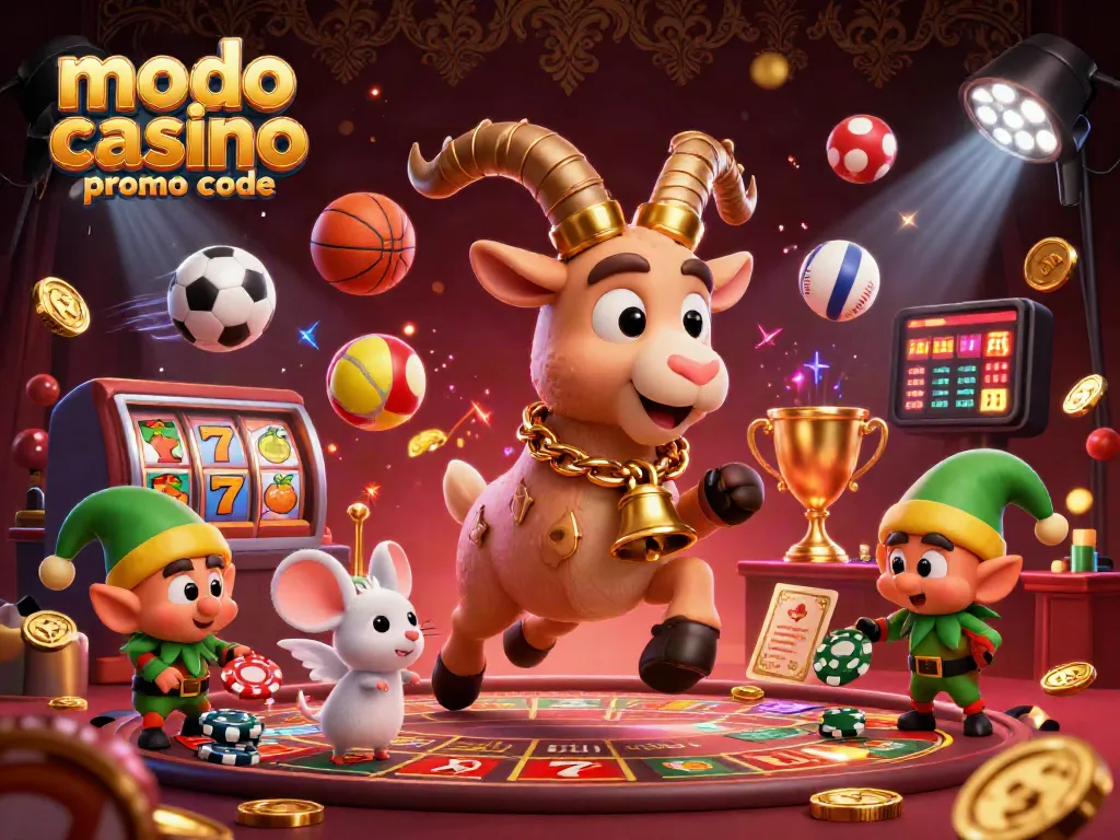 The dynamic scene illustrates the modo casino promo code with Krampus goat in chains and elf gremlins stealing poker chips.