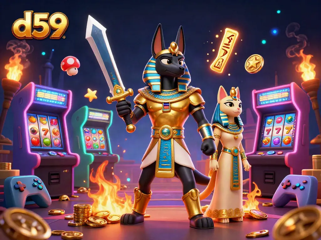 Engage with the vibrant d59 gaming universe featuring Anubis and Bastet in classic casino action.