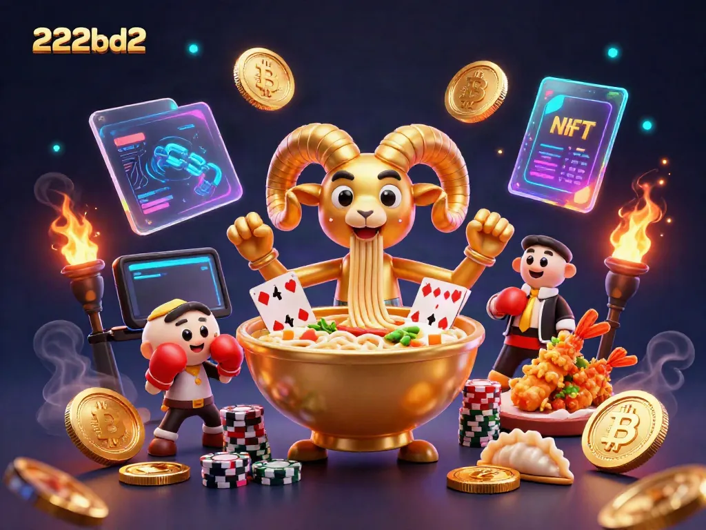 Engaging scene with 222bd2's golden ramen bowl character and colorful crypto elements in an animated casino setting.