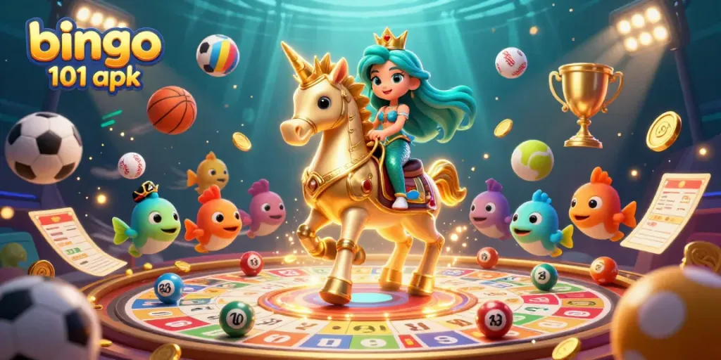 Permainan bingo 101 apk dengan kartu dan bola berwarna cerah, putri duyung dan kuda laut sebagai karakter utama.