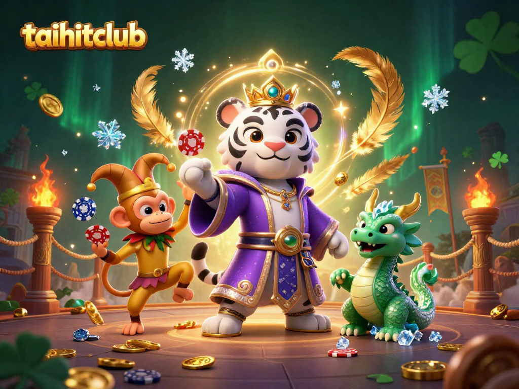 Experience thrilling gameplay at taihitclub with an animated tiger, monkey, and dragon in a vibrant casino scene.