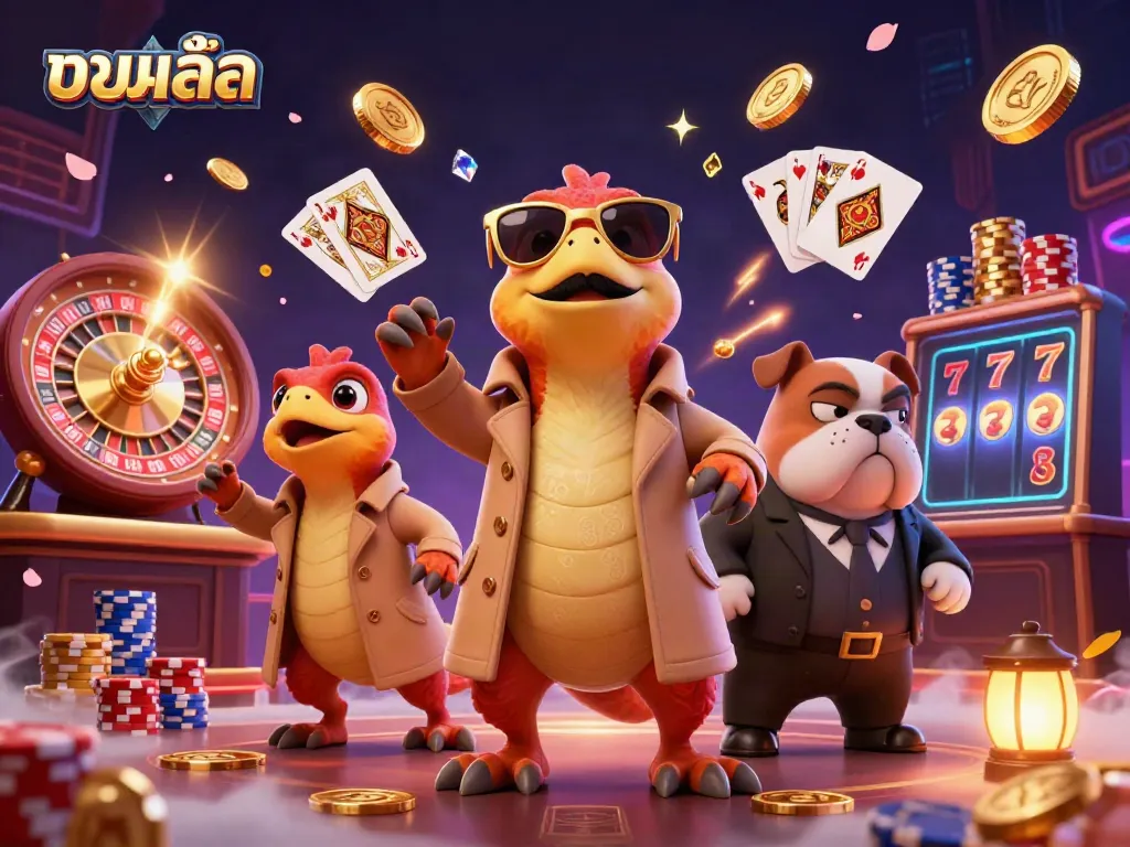Experience high-energy sports betting with the vibrant scene featuring three raptors in a trench coat at a casino, with golden coins and poker chips.