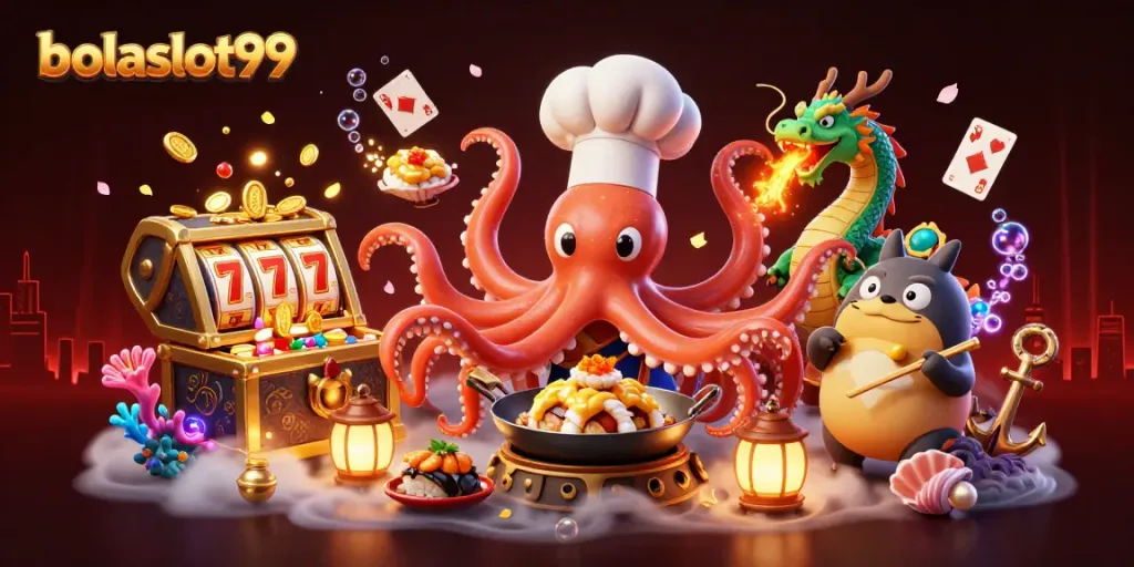Bolaslot99 players enjoy vibrant action with a 3D cartoon sushi-themed casino scene featuring authentic gaming elements.