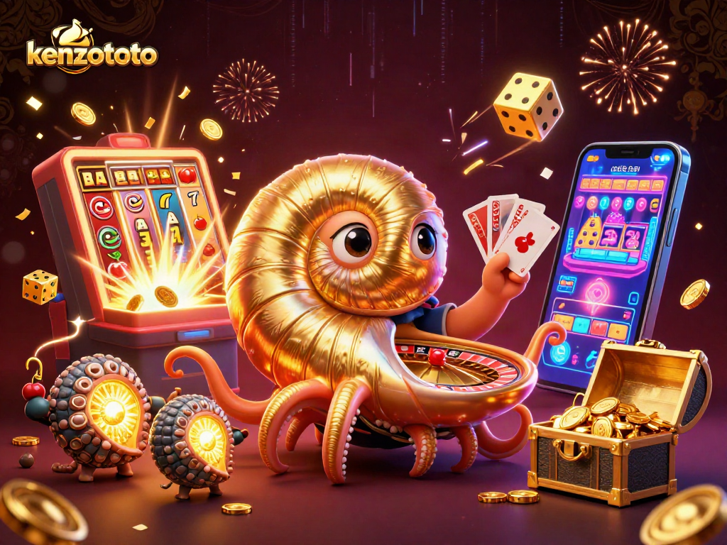 Kenzototo showcases a vibrant 3D casino scene with a giant nautilus roulette wheel, exploding jackpots, and glowing ammonites.
