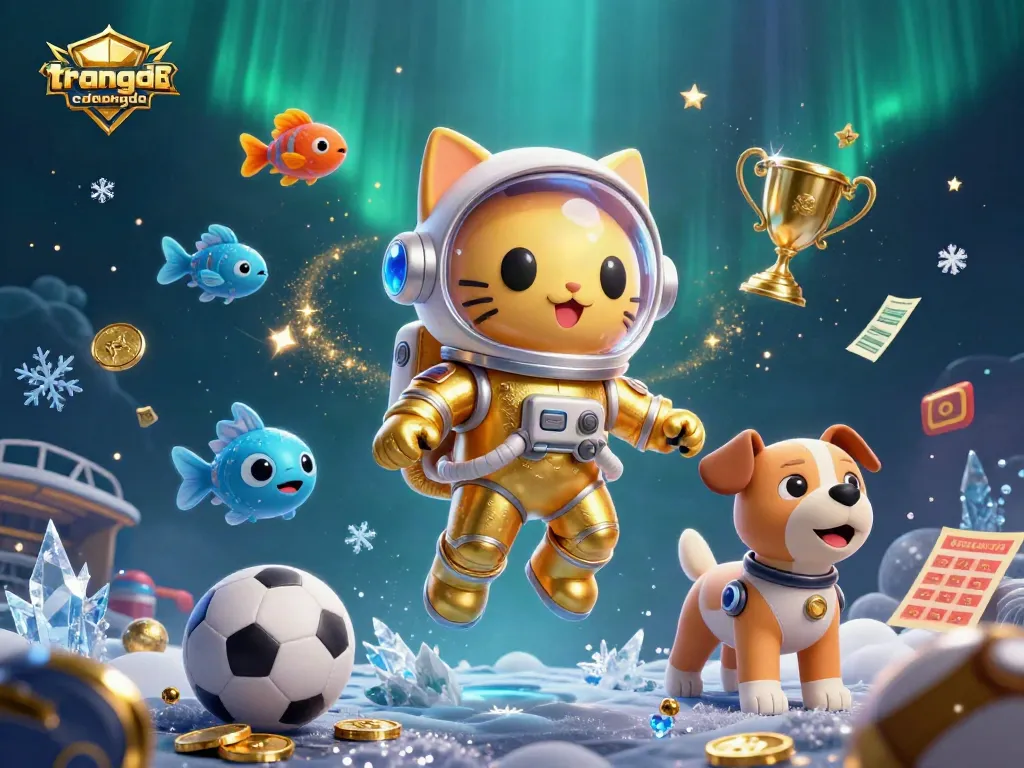 Engage in vibrant sports betting action with trangcadobongda's animated cosmic scene filled with victory elements.