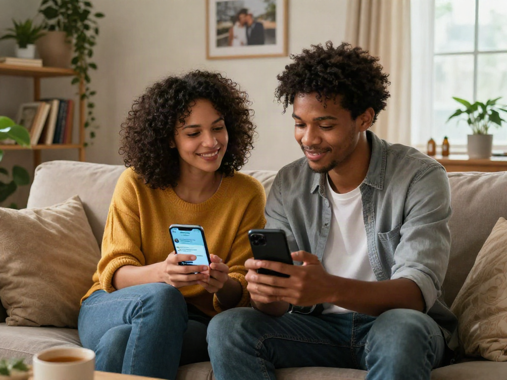 Couple enjoying a sex AI chat in a cozy living room, showcasing connection and intimacy.