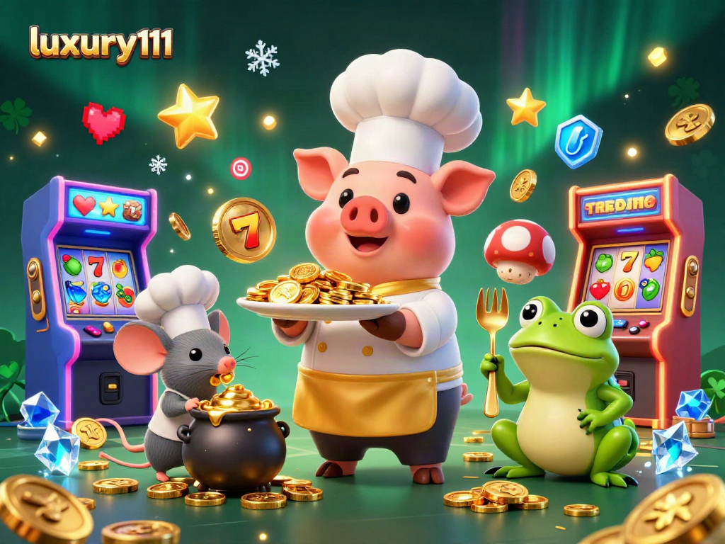 Engage with luxury111's vibrant casino adventures as a pig chef serves gold coins amidst dynamic gaming elements.