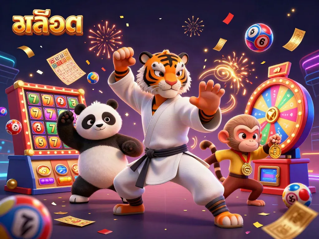 Experience the excitement of สล็อต with vibrant characters, colorful reels, and dynamic lottery elements.