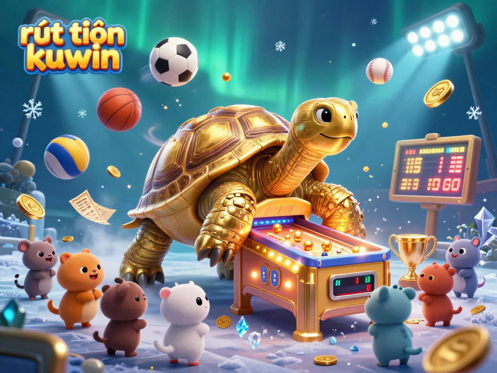 Experience the excitement of rút tiền kuwin with a vibrant, interactive casino scene featuring golden tortoise and sports elements.