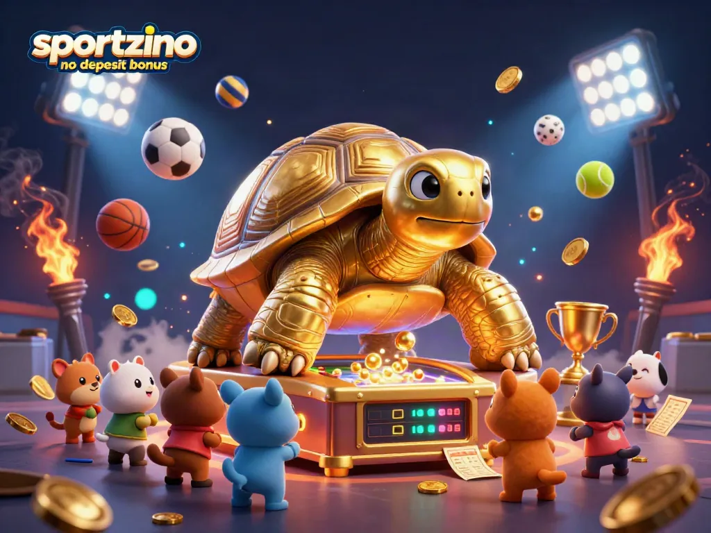 Claim exciting prizes with the sportzino no deposit bonus, featuring golden tortoise and sports elements.