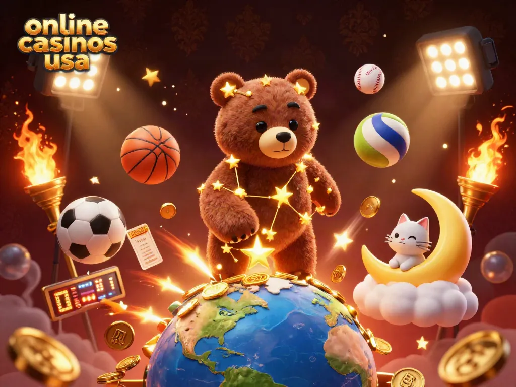 Engage with the vibrant world of online casinos usa featuring golden stars, sports elements, and charming characters.