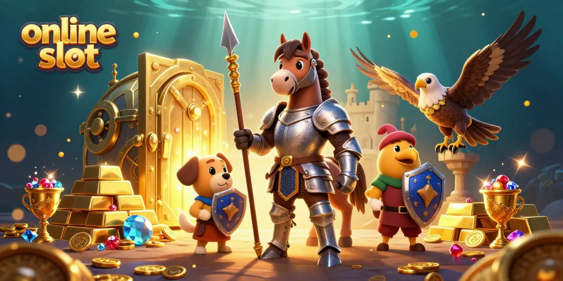 Online slot game features spinning reels with rich treasures and animated characters.