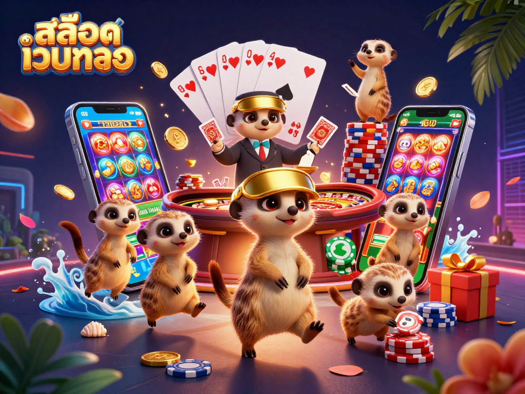 Spin the reels at สล็อตเว็บตรง with a vibrant casino scene filled with meerkats and game elements.