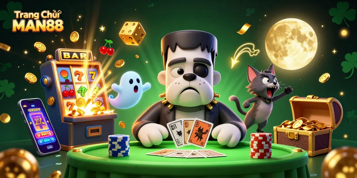Experience thrilling gaming at Trang Chủ MAN88 with a vibrant ghost card game scene featuring exciting slot elements.
