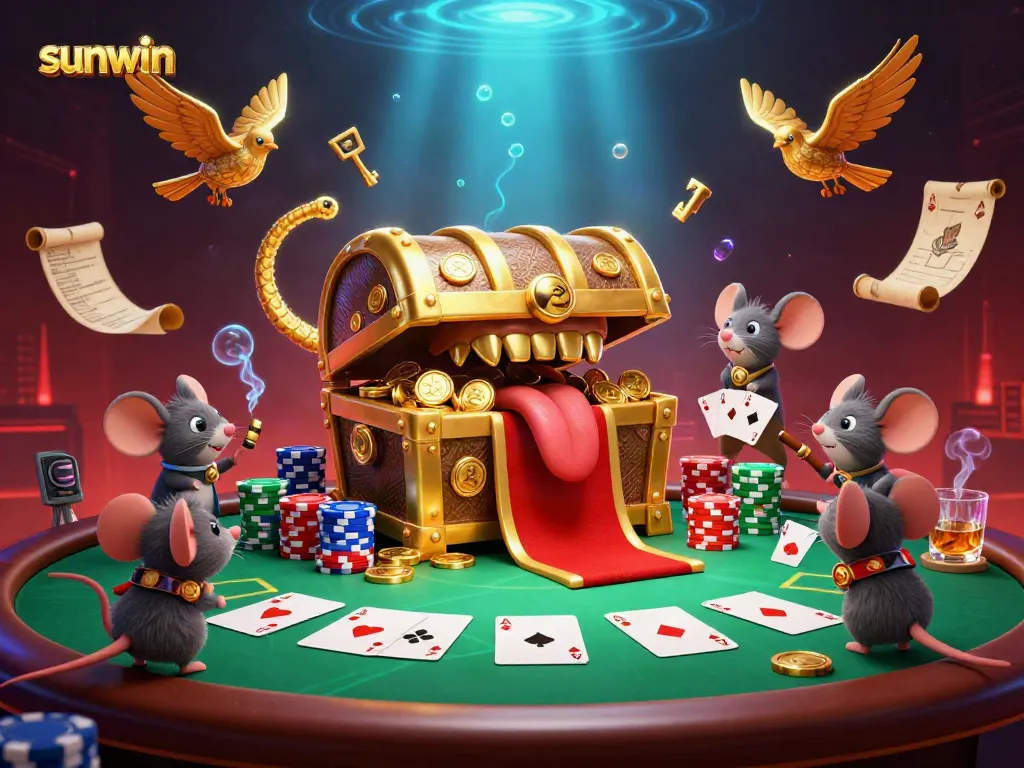 Engage in thrilling gameplay at sunwin's vibrant colorful casino scene featuring cartoon treasures and poker elements.