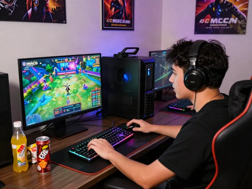 Players enjoying qqmacan casino games at a modern gaming setup with colorful lights and snacks.
