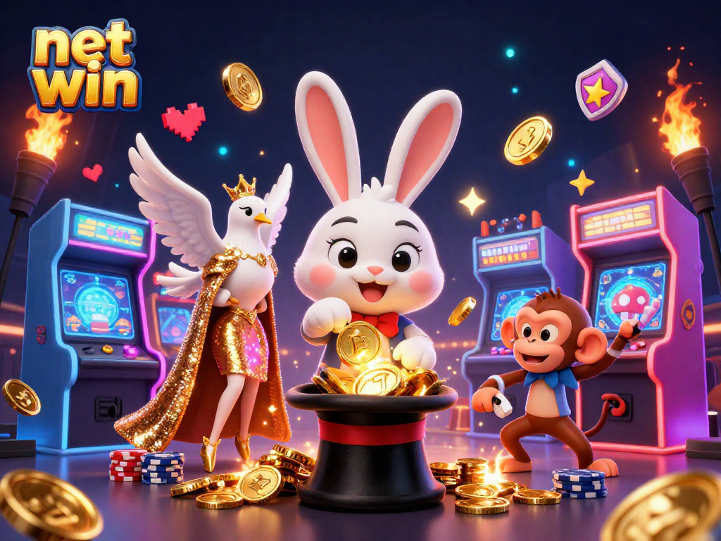 Engage in thrilling gaming with net win, featuring a magician rabbit, dove, and monkey in a vibrant casino scene.