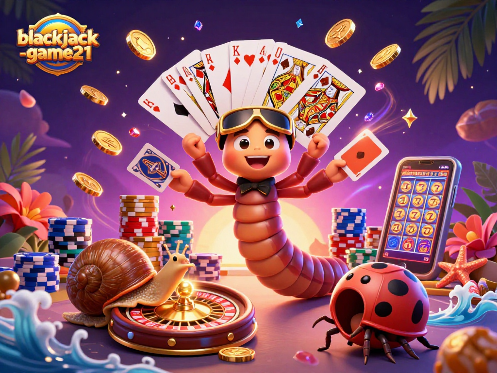 Experience thrilling gameplay at blackjack-game21 with a cartoon dealer and vibrant casino elements.