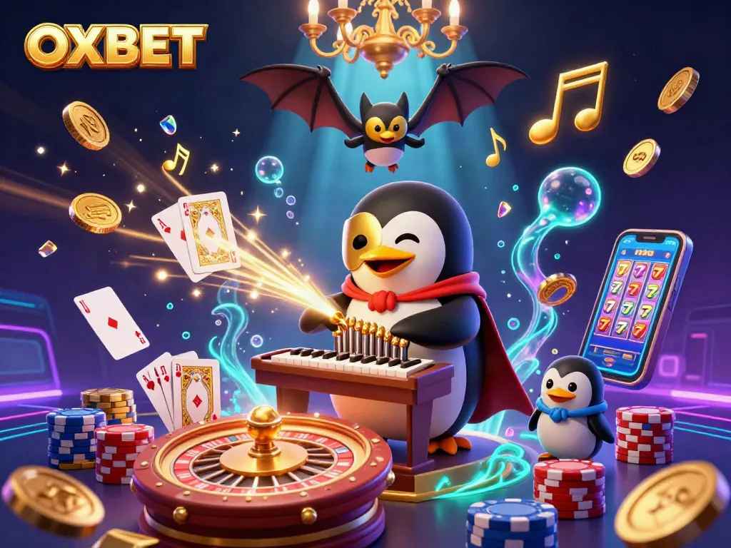 Experience the thrill of OXBET with a 3D penguin playing a golden pipe organ amidst casino action.