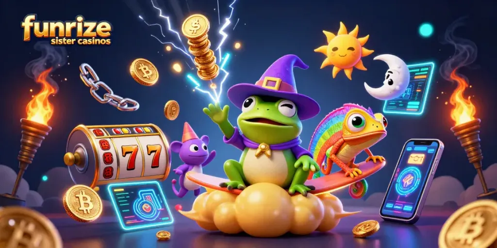 Experience funrize sister casinos with a magical scene of a frog wizard and chameleon in action.