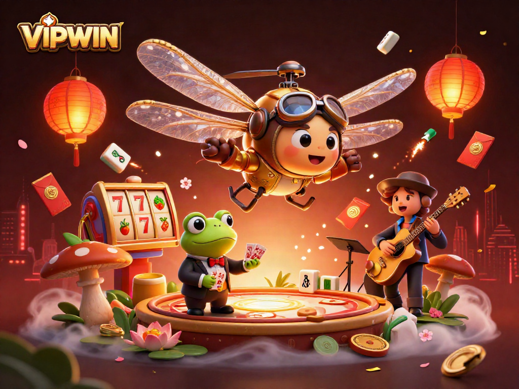 Engage with VIPWIN's slots action in a vibrant casino scene with characters and game elements.