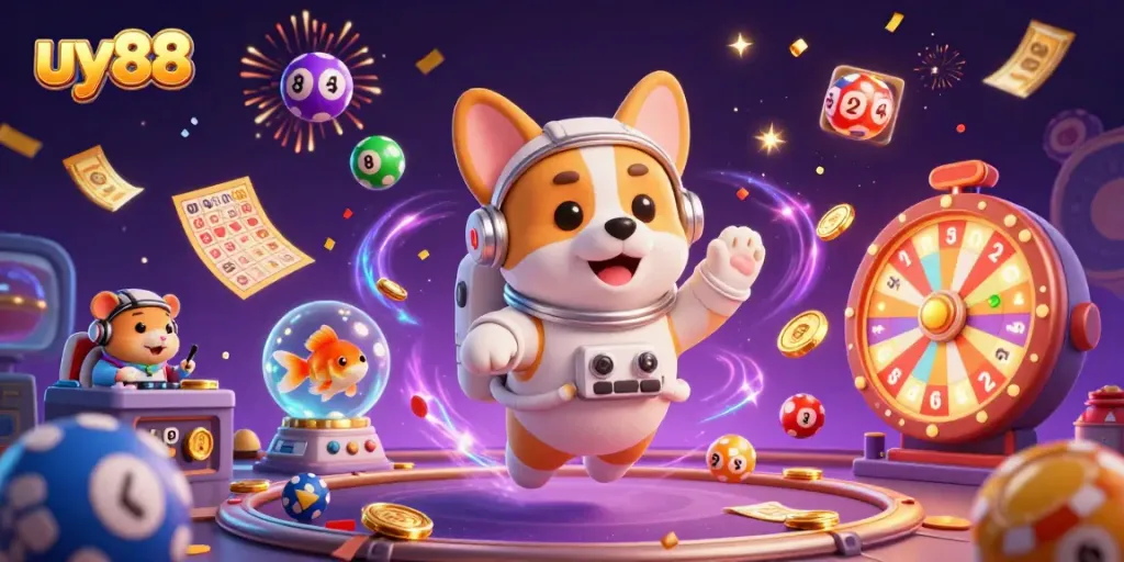 Join the fun at uy88 with animated casino elements featuring an astronaut corgi and dynamic games.