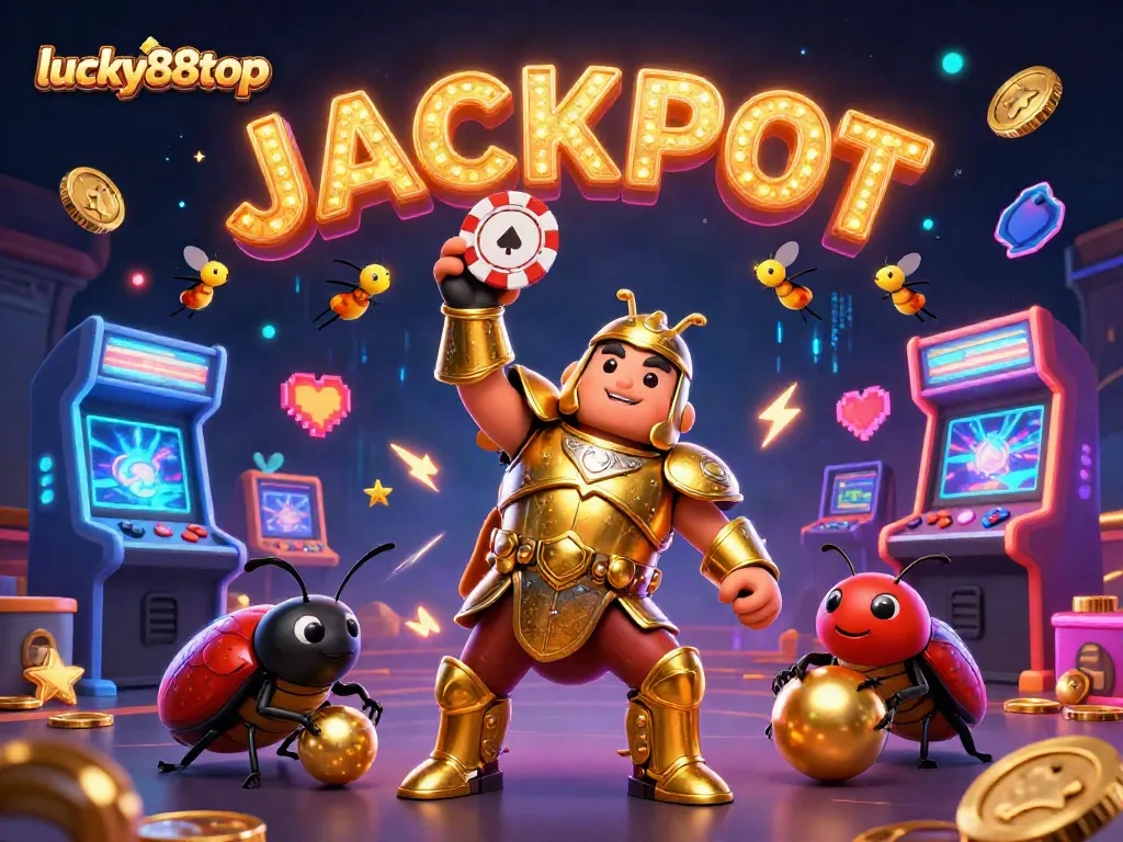 Experience the thrill of winning at lucky88top in a dynamic casino illustration depicting a triumphant beetle and vibrant game elements.