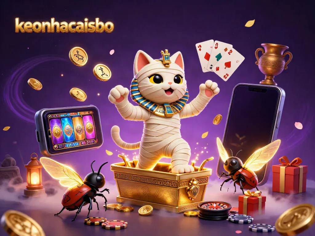 Engage with keonhacaisbo in a vibrant Egyptian-themed casino scene featuring a mummy cat and golden coins.
