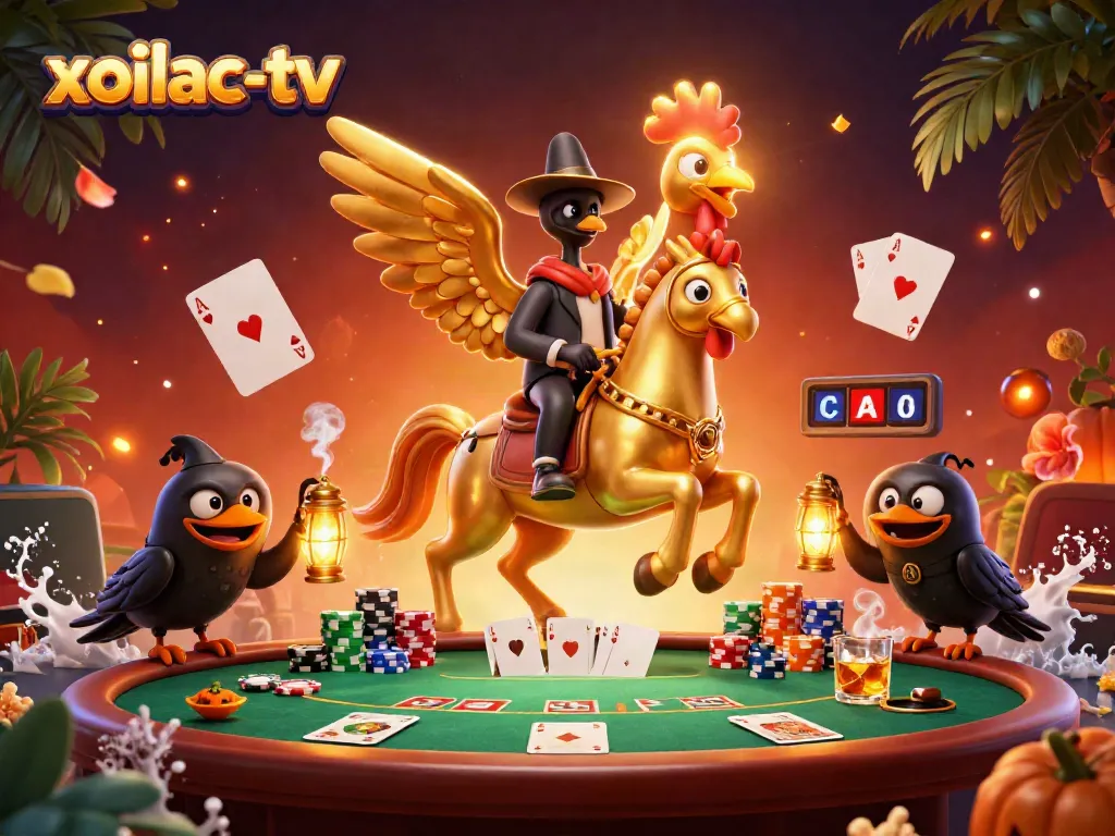 Experience excitement at xoilac-tv with a dynamic casino scene featuring magical characters and poker elements.