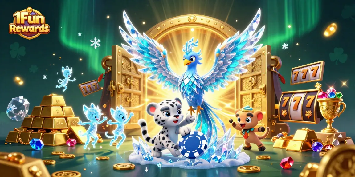 Engage with 1Fun Game Rewards through vibrant casino elements and playful characters in this rich 3D scene.