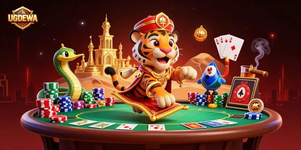 Play exciting casino games with UGDEWA in a magical Arabian-themed scene full of vibrant details.