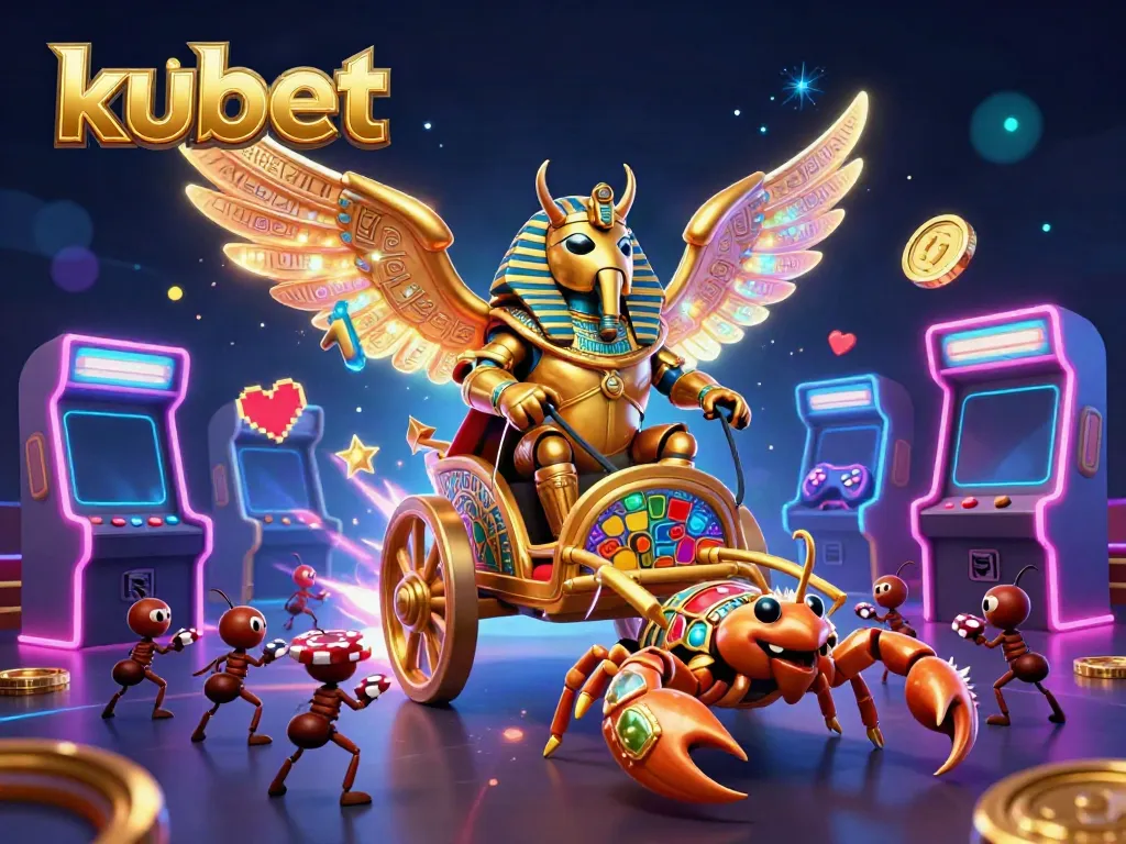 Engage in exhilarating gameplay at kubet, featuring a vibrant 3D scene with a golden scarab and arcade elements.