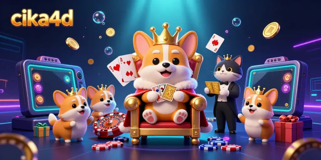 Experience vibrant gaming action with cika4d as a royal corgi oversees slots and poker games.