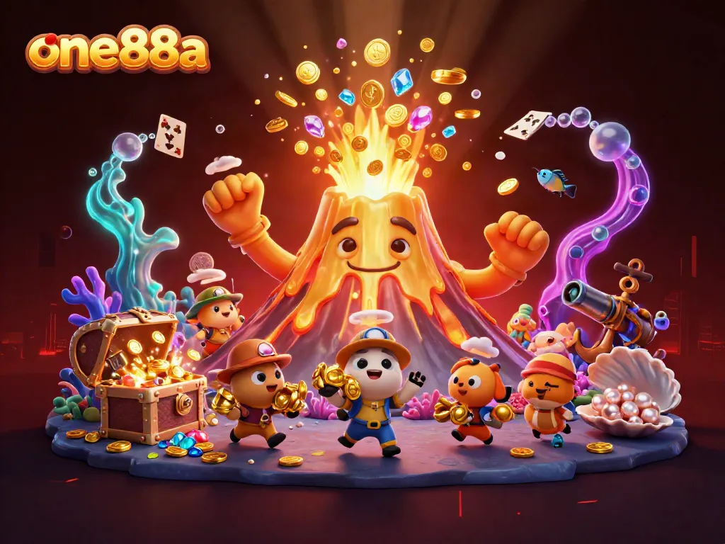 Experience thrilling wins with one88a as a golden volcano erupts coins and treasures in this vibrant casino scene.