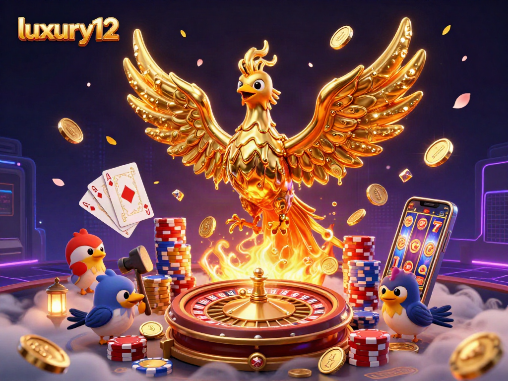 Engage with luxury12 as a golden phoenix rises in a vibrant casino scene.