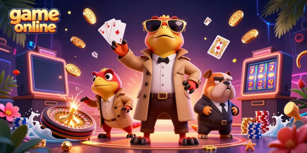 Three raptors in a trench coat hilariously attempt entry to a VIP casino lounge in a dynamic game online scene.